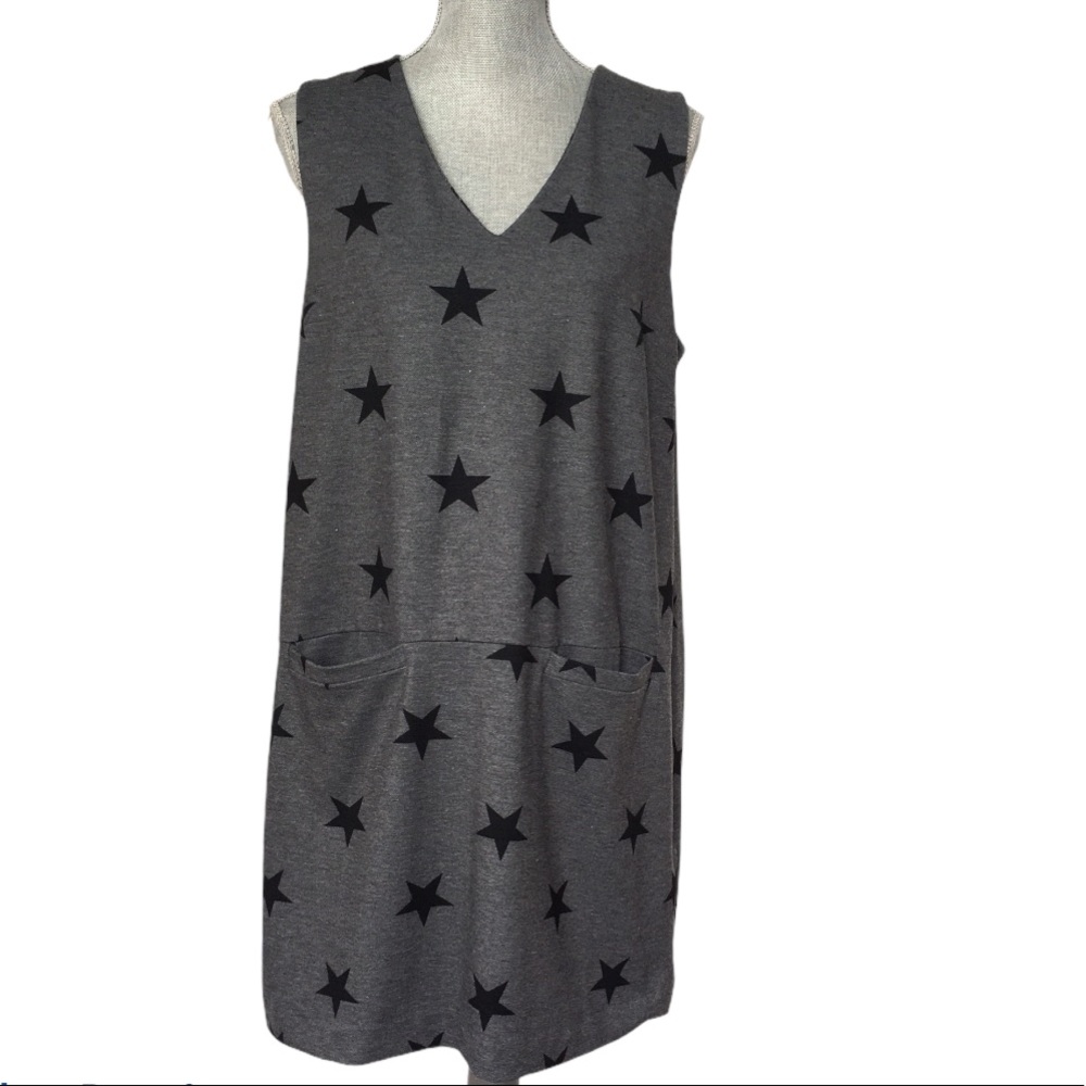 SPENCER & SHAW Grey V Neck Sleeveless Star Print Shift Dress L